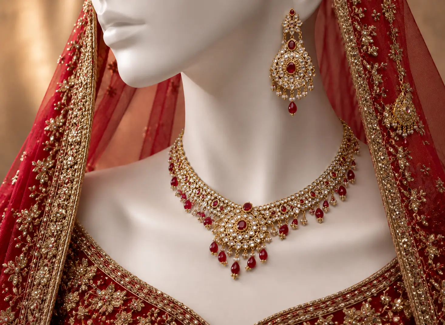 Elegant Pakistani bridal jewelry set with red bridal dupatta on white mannequin featuring luxury artificial necklace and earrings