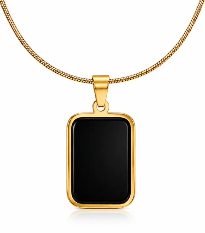 Luxury black pendant necklace with gold-tone frame and minimalist rectangular design for women.