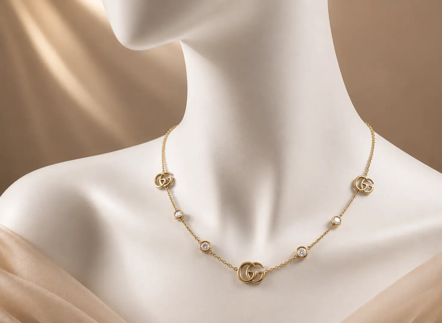Elegant Gucci inspired gold necklace on white mannequin with luxury artificial jewelry styling for women in Pakistan