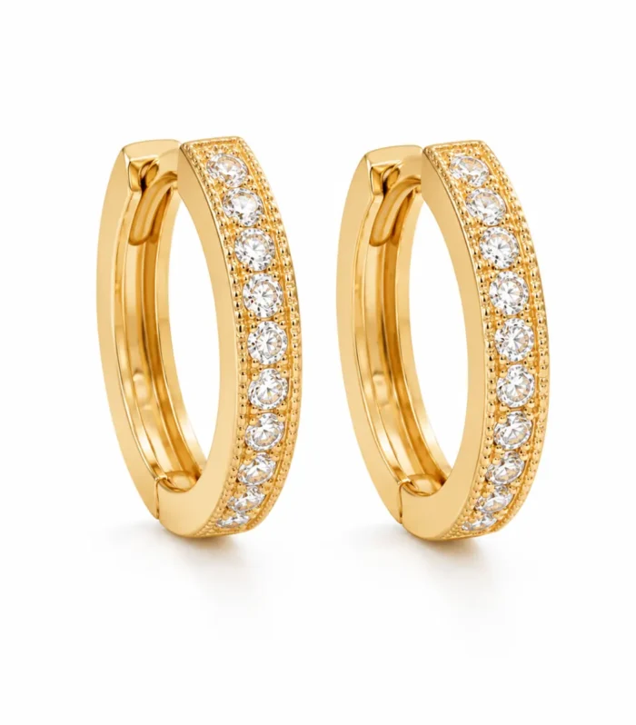 Luxury golden hoop earrings with sparkling crystal stone detailing and elegant minimalist design for women.