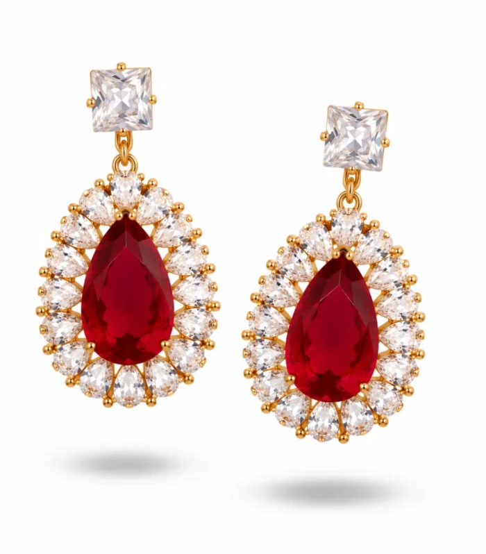 Luxury red ruby drop earrings with sparkling crystal halo detailing and elegant gold-tone finish for women.
